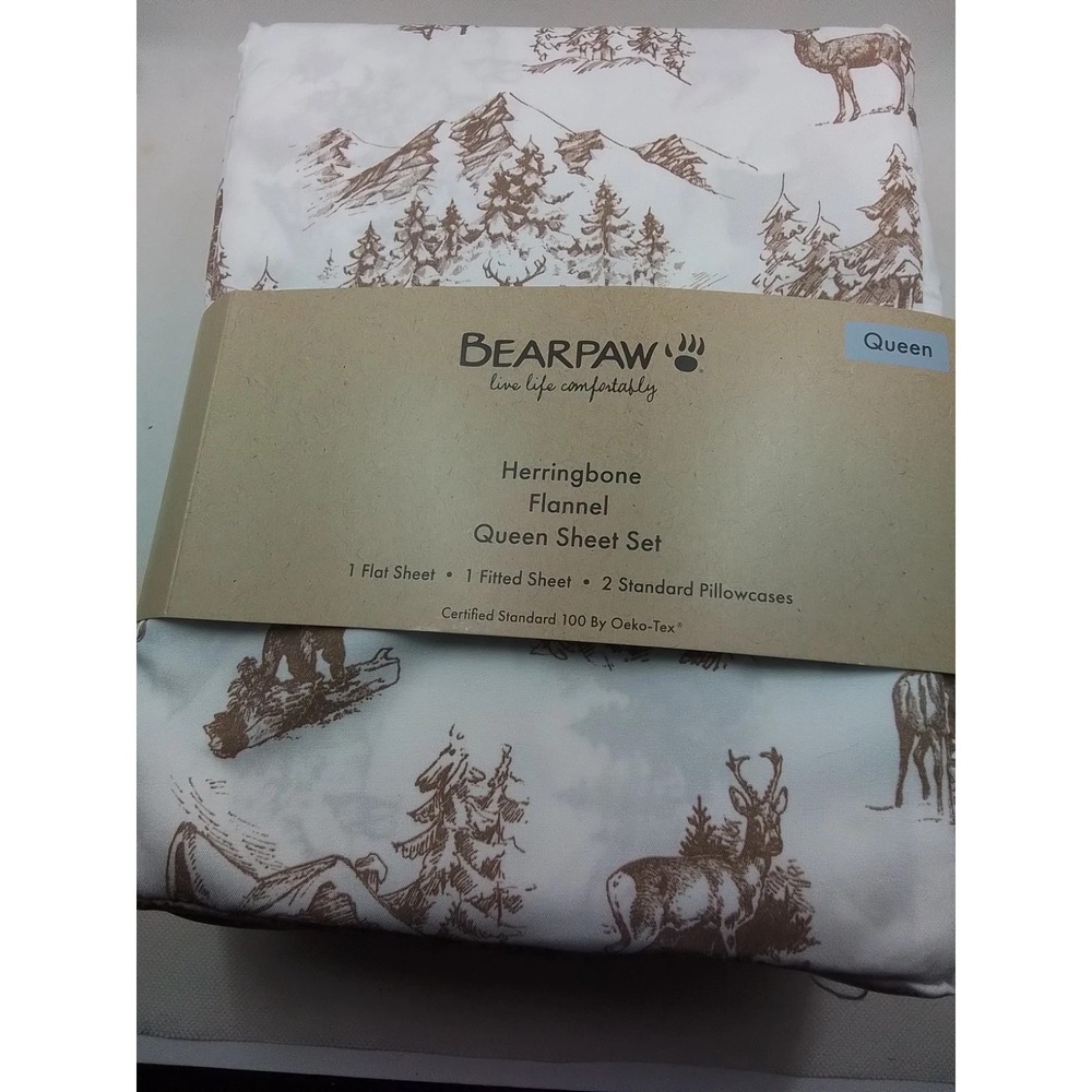 Queen Flannel Sheets-Bear Paw-Queen Size Fitted Set-Herringbone-Woodland - Picture 4 of 5